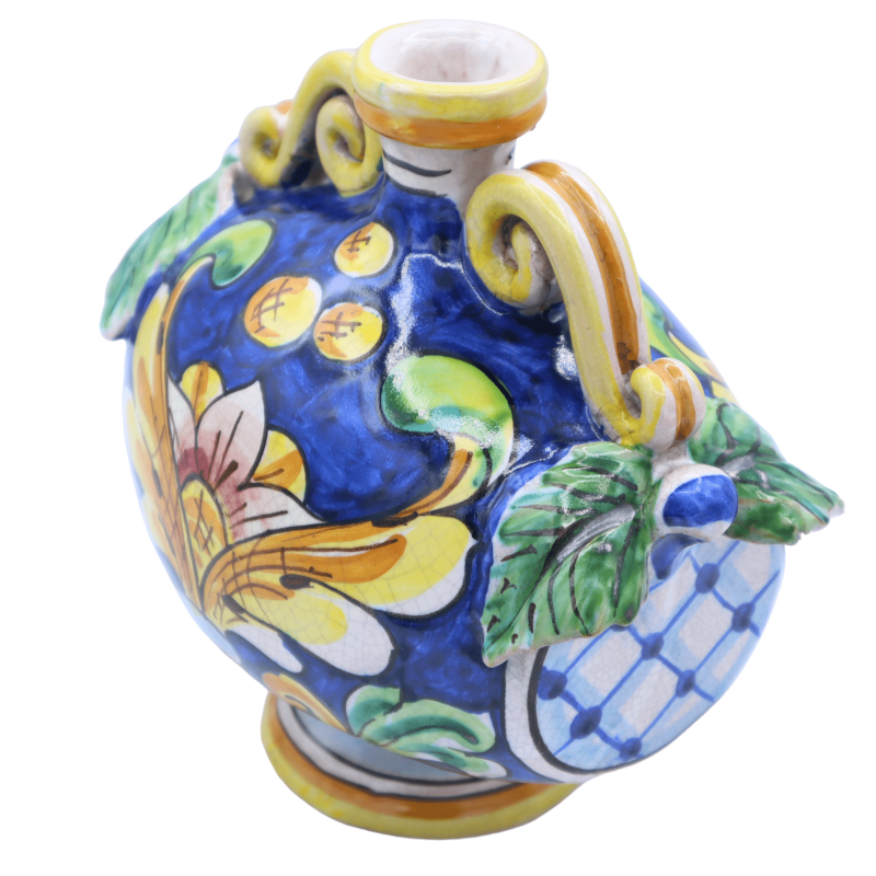 Bottle Botte in Caltagirone ceramic, baroque decoration with reliefs and Craquelé effect, h 20 cm x width 15 cm approx. 