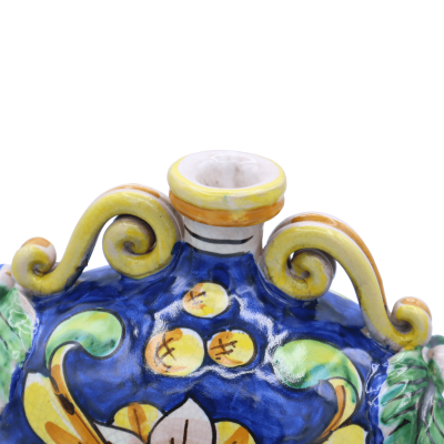 Borraccia Botte w ceramice Caltagirone, dekoracja barokowa z reliefami i efektem Craquelé, h 20 cm szerokości 15 cm. Mod