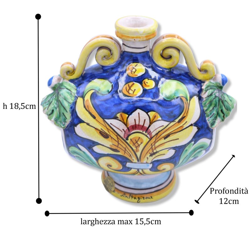 Botte-Flasche aus Caltagirone-Keramik, Barockdekor mit Reliefs und Craquelé-Effekt, H 20 cm x Breite ca. 15 cm. RP-Mod -