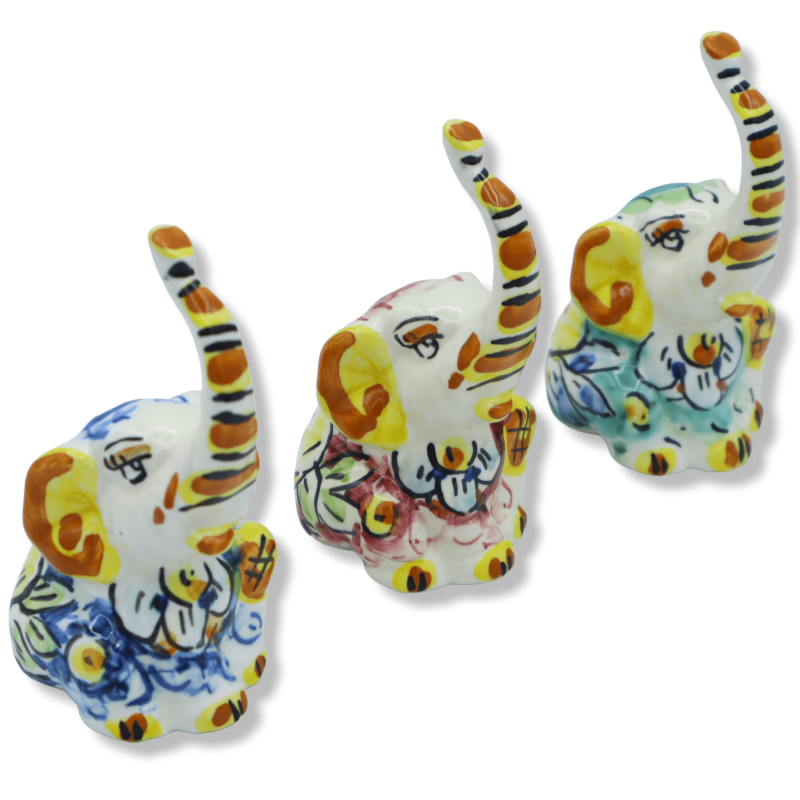Elefante de cerámica Caltagirone, decoración a elegir y color aleatorio, h 10 cm aprox. modelo FL - 