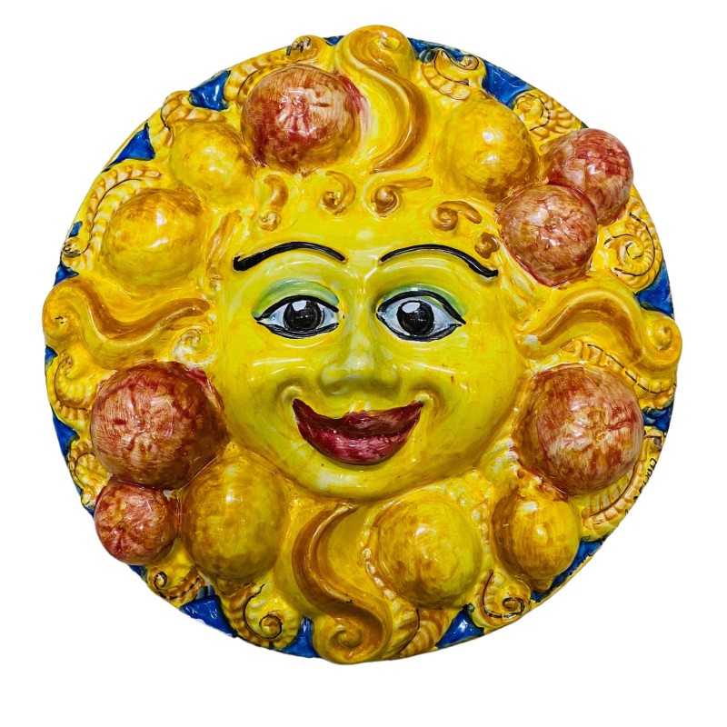 Sun with lemons and oranges in relief on a cobalt blue background, Sicilian ceramic - diameter about 35 cm - 