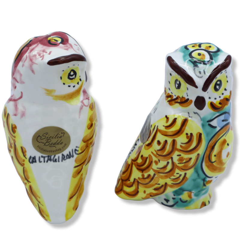 Gufo in Ceramica di Caltagirone, decorato con limoni, h9 cm ca. Mod FL - 