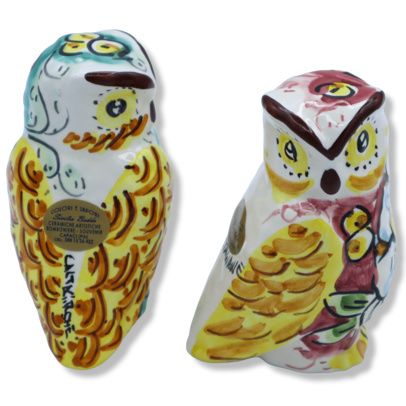 Gufo in Ceramica di Caltagirone, decorato con limoni, h9 cm ca. Mod FL - 