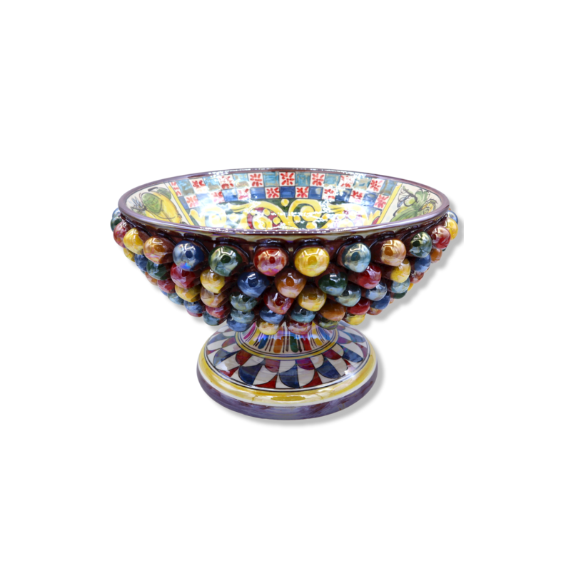 Alzata Pigna in ceramica Caltagirone Multicolor, Ø 30 cm ca. decoro carretto siciliano e smalto madreperla MD1 - 