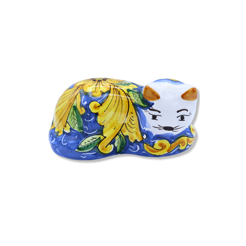 Gato tumbado en fina cerámica siciliana decorada a mano - Medidas aproximadas 23x13x11 cm aprox. formulario NL - 