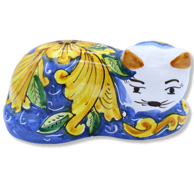 Kot leżący w doskonałej ceramicznej sycylijskiej ręcznie dekorowany – pomiary około 23x13x11 cm approx. Moduł - 