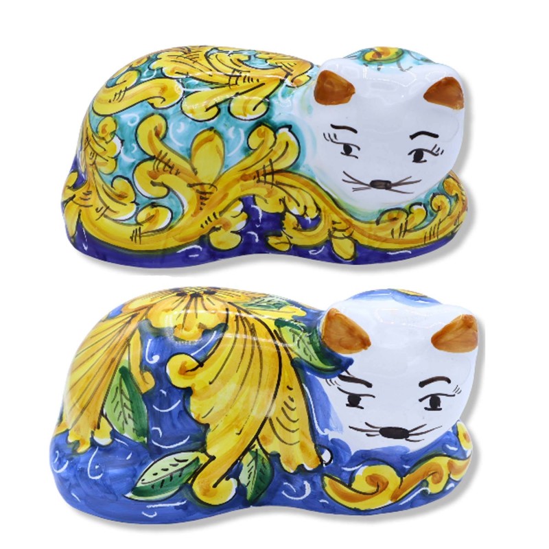 Kot leżący w doskonałej ceramicznej sycylijskiej ręcznie dekorowany – pomiary około 23x13x11 cm approx. Moduł - 