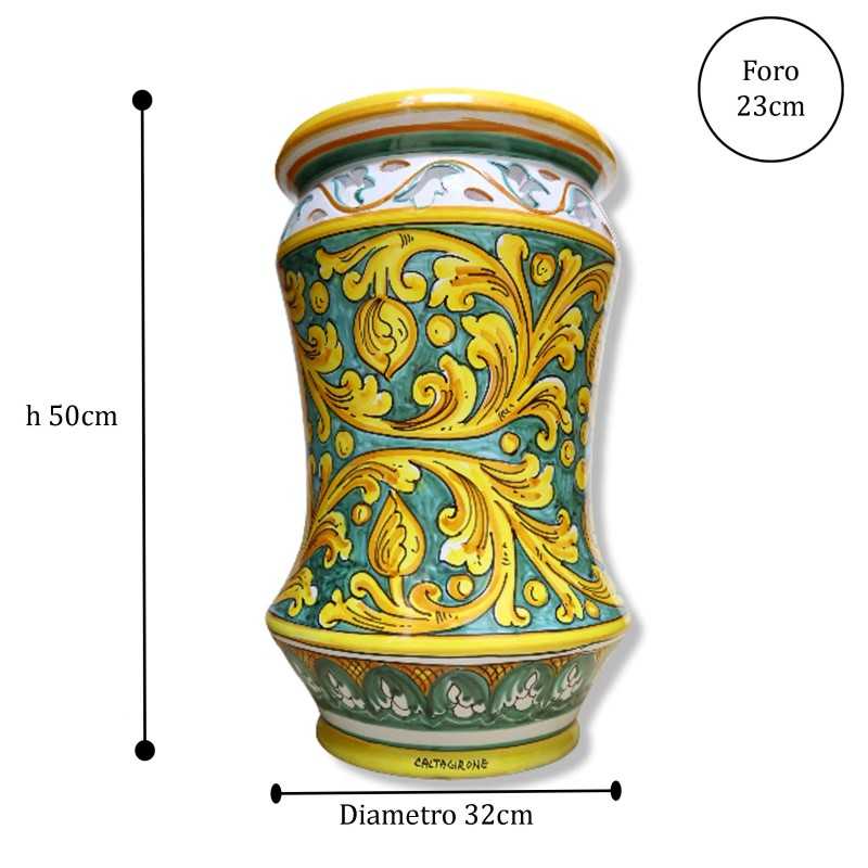 Jarrón de cerámica Caltagirone, decoración barroca, sol, rueda de carreta y  pala de higo chumbo, altura 30 cm aprox. Modelo BR