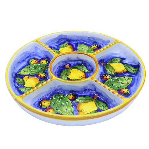 Antipastiera rotonda in ceramica di Caltagirone, decoro limoni e fichidindia, diametro 30 cm ca. Mod GR -  2