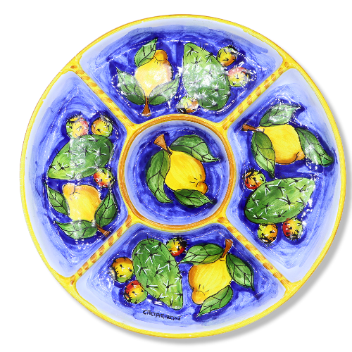 Ronde keramische kom van Caltagirone, decoratie citroenen en fichidindia, diameter 30 cm approx. Mod GR - 