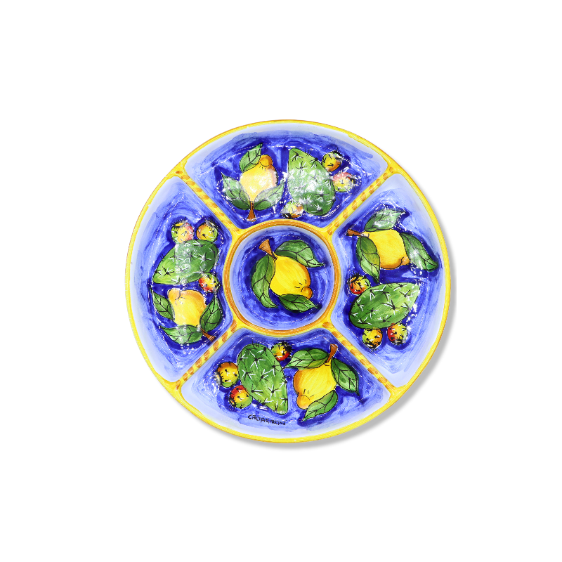 Antipastiera rotonda in ceramica di Caltagirone, decoro limoni e fichidindia, diametro 30 cm ca. Mod GR - 