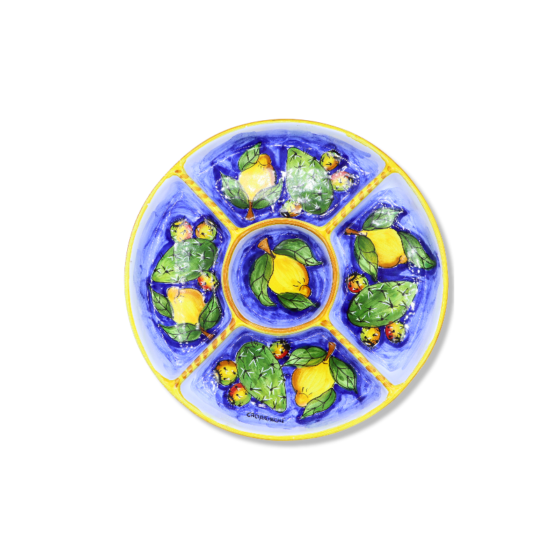 Round appetizer plate in Caltagirone ceramic, lemon and prickly pear decoration, diameter approx. 30 cm. Mod GR - 