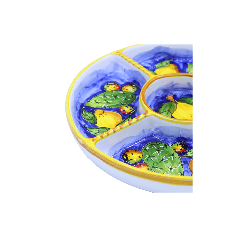 Round appetizer plate in Caltagirone ceramic, lemon and prickly pear decoration, diameter approx. 30 cm. Mod GR - 