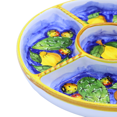 Rund keramisk skål av Caltagirone, dekoration citroner och fichidindia, diameter 30 cm ca. Mod GR - 