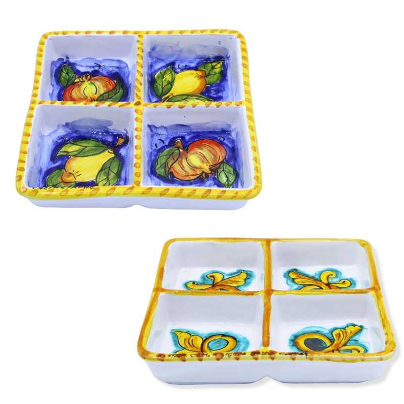 Antipastiera quadrata in ceramica di Caltagirone, vari decori, larghezza 17 cm x 17 cm ca. Mod GR - 
