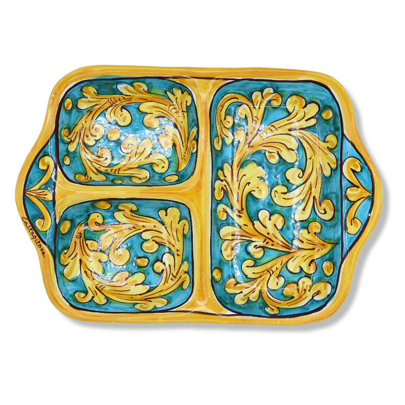 Antipastiera rettangolare in ceramica di Caltagirone, vari decori, L 35 cm x 25 cm ca. Mod GR - 