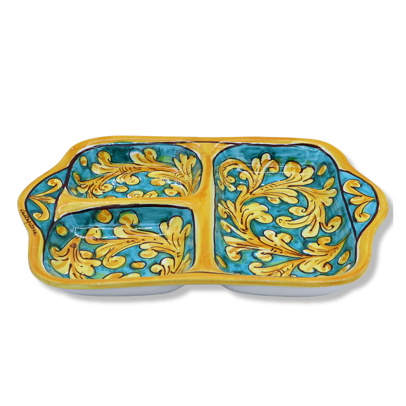 Antipastiera rettangolare in ceramica di Caltagirone, vari decori, L 35 cm x 25 cm ca. Mod GR - 