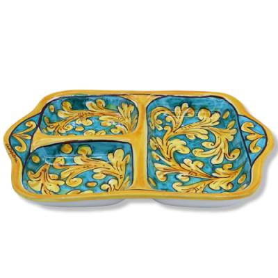 Antipastiera rettangolare in ceramica di Caltagirone, vari decori, L 35 cm x 25 cm ca. Mod GR - 