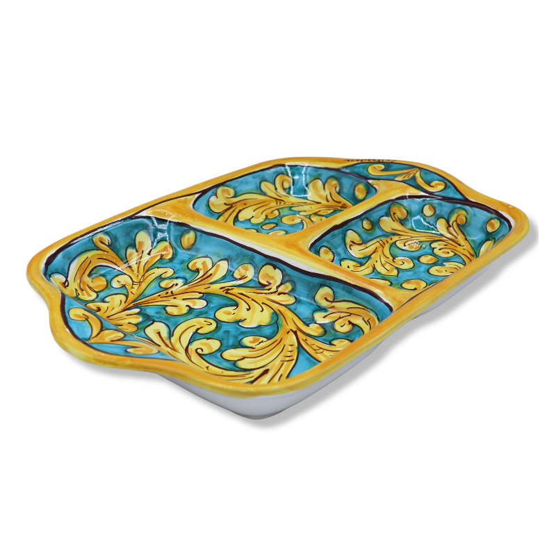 Antipastiera rettangolare in ceramica di Caltagirone, vari decori, L 35 cm x 25 cm ca. Mod GR - 