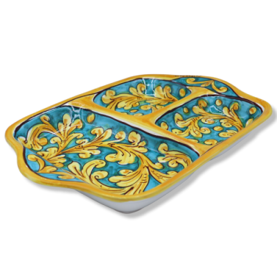 Antipastiera rettangolare in ceramica di Caltagirone, vari decori, L 35 cm x 25 cm ca. Mod GR - 