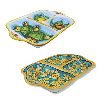 Antipastiera rettangolare in ceramica di Caltagirone, vari decori, L 35 cm x 25 cm ca. Mod GR - 