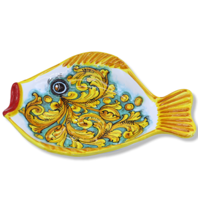 Bandeja de serviço em formato de peixe, em cerâmica Caltagirone, aprox. C 40 x 30 cm. Decoração barroca - 