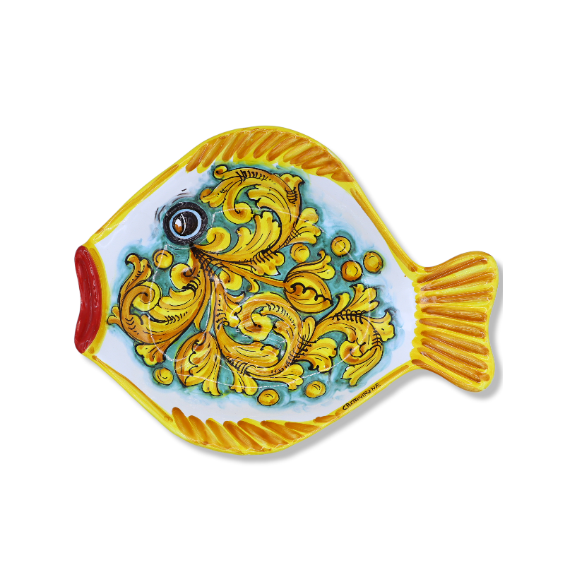 Bandeja de serviço em formato de peixe, em cerâmica Caltagirone, aprox. C 40 x 30 cm. Decoração barroca - 