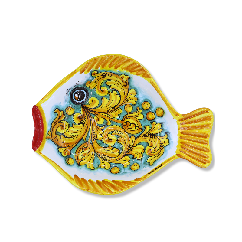 Vassoio piatto da portata a forma di Pesce in ceramica di Caltagirone decoro Barocco - misure 40x30 cm ca. Mod GR - 