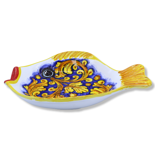 Serviertablett aus Caltagirone-Keramik in Fischform, L ca. 40 x 30 cm. Barocke Dekoration auf blauem Hintergrund -  2