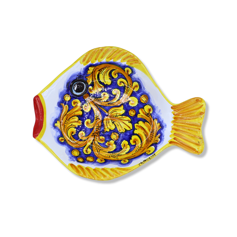 Flat serving tray in the shape of a fish in Caltagirone ceramic with Baroque decoration on a blue background - measures 