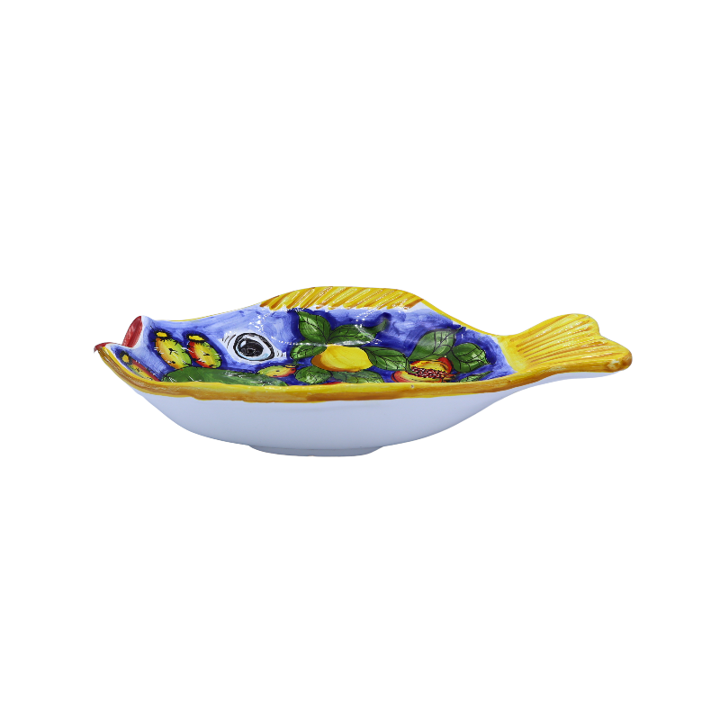 Vassoio piatto da portata a forma di Pesce in ceramica Caltagirone decoro frutta mista - misure 40x30 cm ca. Mod GR - 