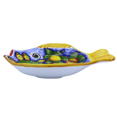 Vassoio piatto da portata a forma di Pesce in ceramica Caltagirone decoro frutta mista - misure 40x30 cm ca. Mod GR - 