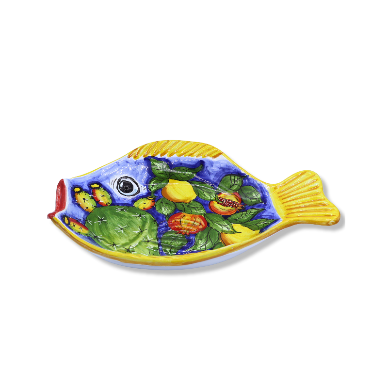 Flat serving tray in the shape of a fish in Caltagirone ceramic with mixed fruit decoration - measures approx. 40x30 cm.