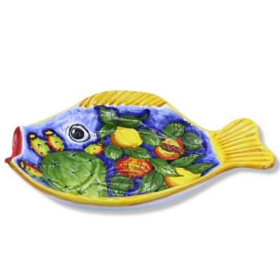 Flat serving tray in the shape of a fish in Caltagirone ceramic with mixed fruit decoration - measures approx. 40x30 cm.