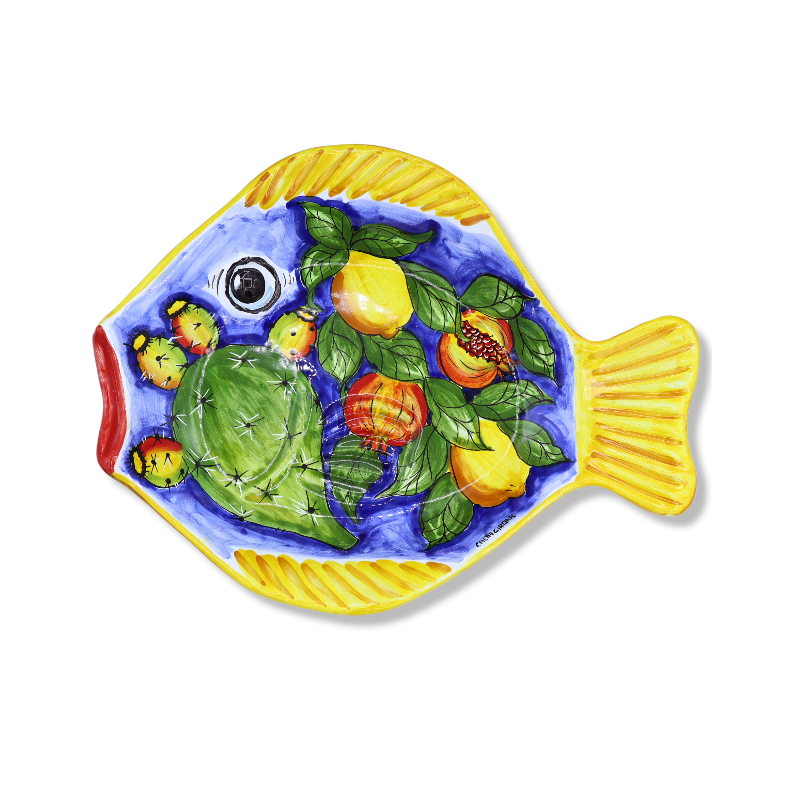 Vassoio piatto da portata a forma di Pesce in ceramica Caltagirone decoro frutta mista - misure 40x30 cm ca. Mod GR - 
