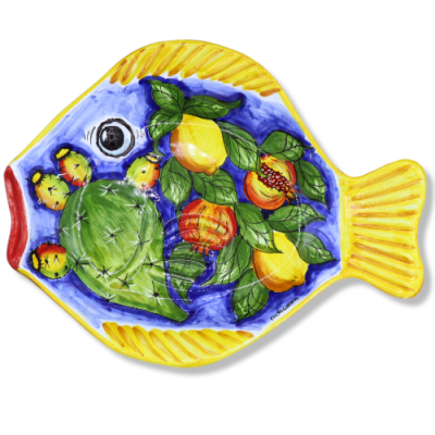 Flat serving tray in the shape of a fish in Caltagirone ceramic with mixed fruit decoration - measures approx. 40x30 cm.