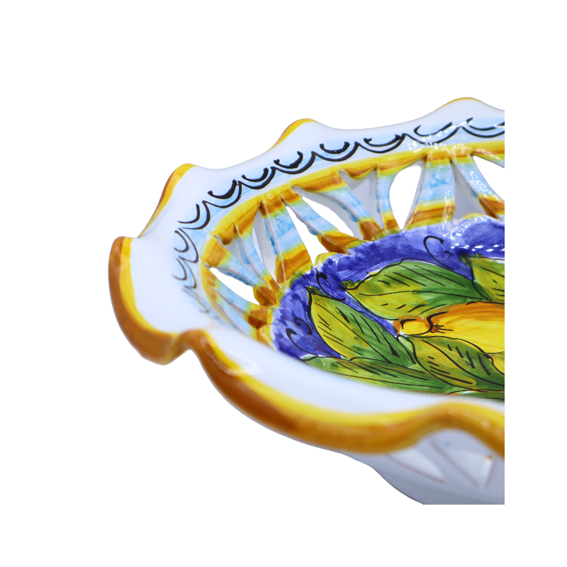 Centre de table festonné et ajouré en céramique sicilienne, 2 options de tailles (1pc) décor citron et feuille sur fond 