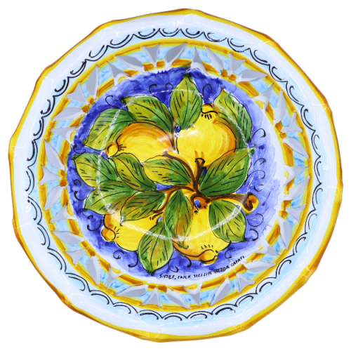 Centrotavola smerlato e traforato in ceramica Siciliana, 2 opzioni misura (1Unità) decoro limoni e foglie su fondo blu -