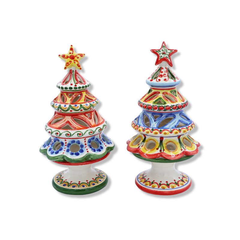 Durchbrochener Weihnachtsbaum-Kerzenhalter aus Caltagirone-Keramik, erhältlich in verschiedenen Dekorationen, 1 Stk. H c