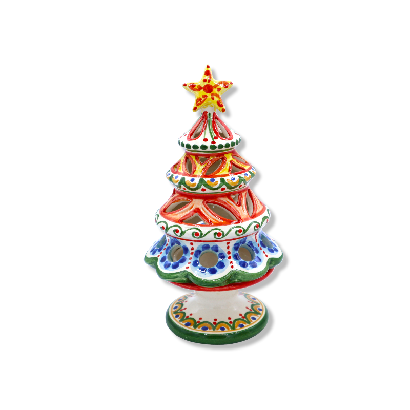 Perforated Christmas tree candle holder in Caltagirone ceramic, available in different decorations, 1 pc h 20 cm approx.