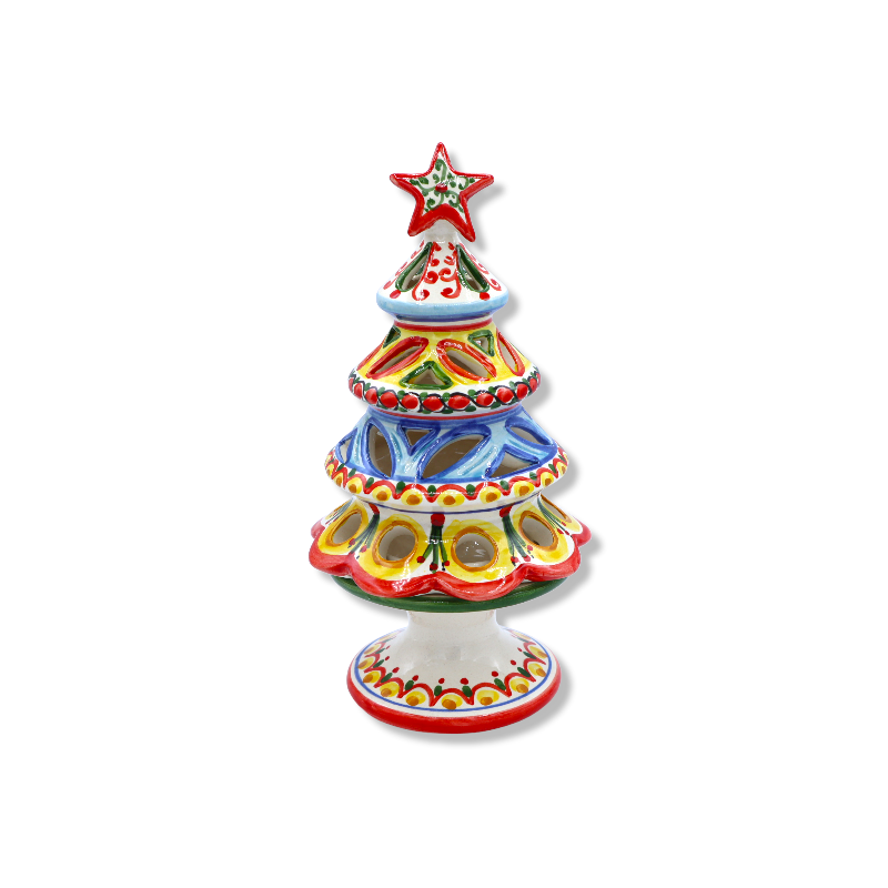 Mens levenslang Het is de bedoeling dat Kerstboom geperforeerde keramische kaarsenhouder van Caltagirone,  beschikbaar in verschillende versieringen, 1 pc 20 cm approx.