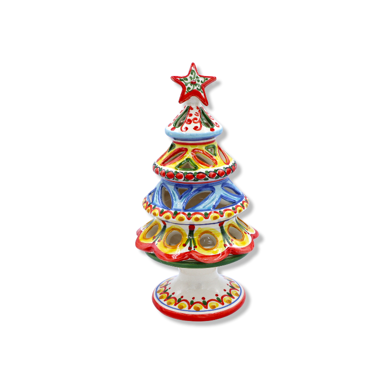 Perforated Christmas tree candle holder in Caltagirone ceramic, available in different decorations, 1 pc h 20 cm approx.