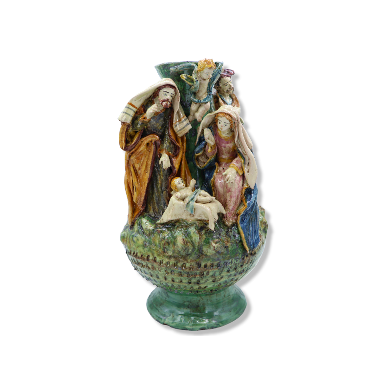 Crèche sur vase en céramique de Caltagirone richement décorée à la main, h 32 cm Mod SCR - 