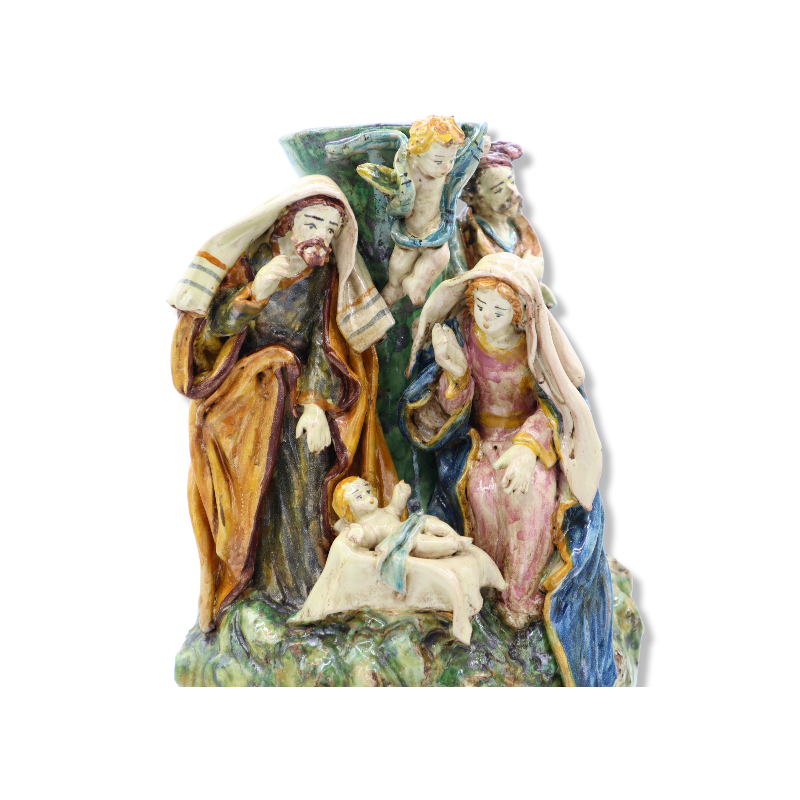 Crèche sur vase en céramique de Caltagirone richement décorée à la main, h 32 cm Mod SCR - 