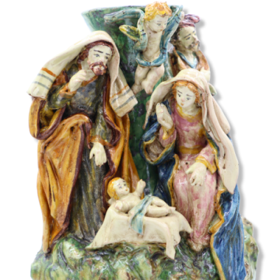 Crèche sur vase en céramique de Caltagirone richement décorée à la main, h 32 cm Mod SCR - 