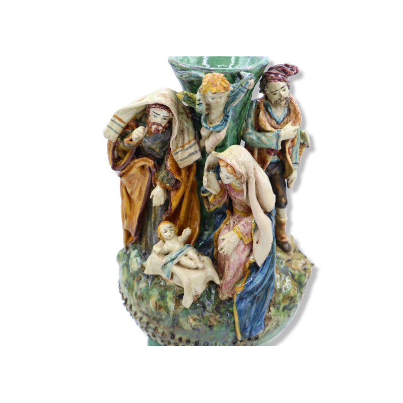 Crèche sur vase en céramique de Caltagirone richement décorée à la main, h 32 cm Mod SCR - 