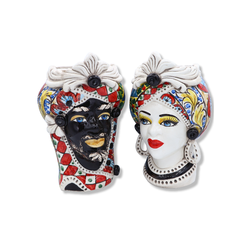 Testa di Moro Caltagirone con fregio, decoro stile carretto Siciliano, h 28 cm ca. - 