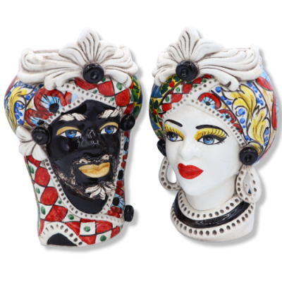 Testa di Moro Caltagirone con fregio, decoro stile carretto Siciliano, h 28 cm ca. - 