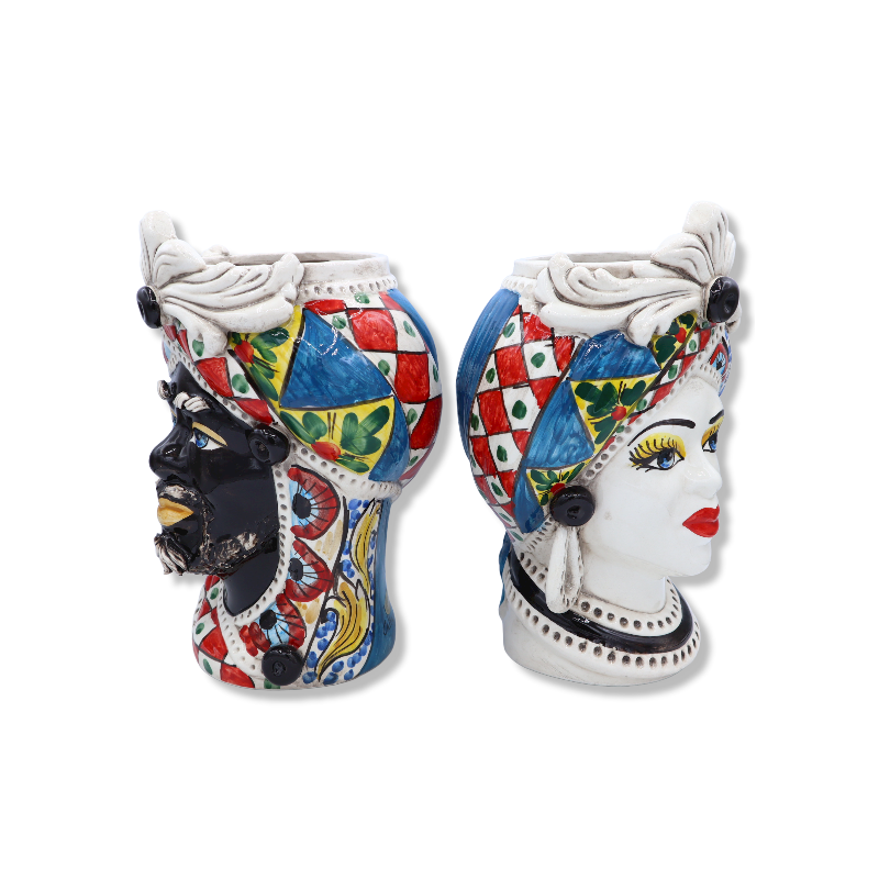 Testa di Moro Caltagirone con fregio, decoro stile carretto Siciliano, h 28 cm ca. - 