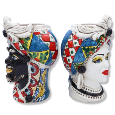 Testa di Moro Caltagirone con fregio, decoro stile carretto Siciliano, h 28 cm ca. - 